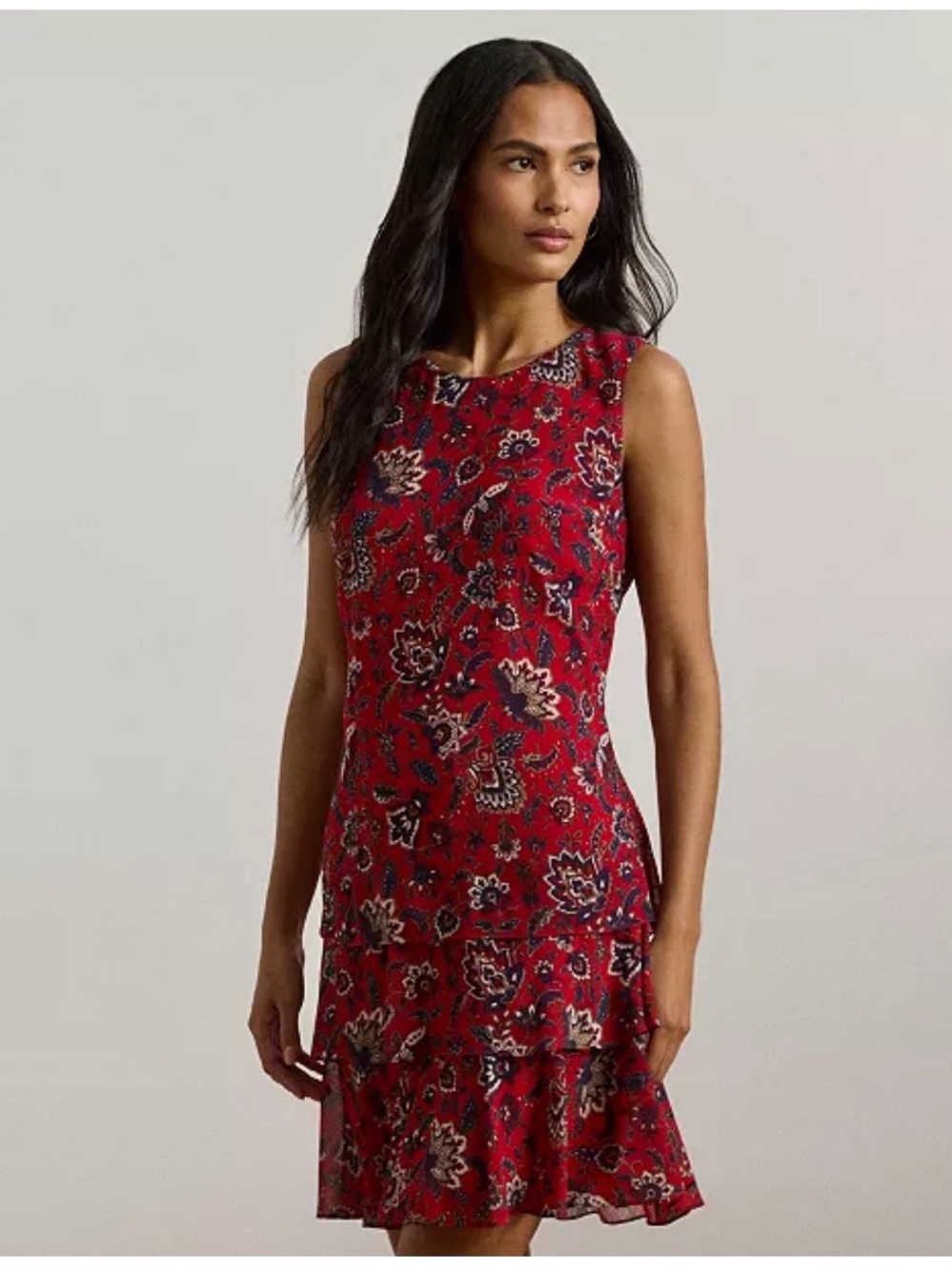 Ralph Lauren Red Paisley Floral Crinkle Georgette Sleeveless Mini Dress Sz 4